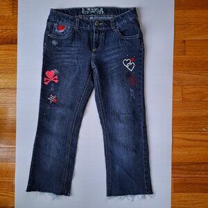 Total Girl Dark Wash Embroidered Jeans Size 12 Regular Stretch Denim Y2K Hearts